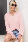 Waffle-knit V-neck Long Sleeve Top