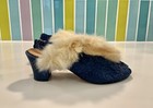 Antique 1930 s Sapphire Ruched Satin Boudoir Slippers Shoes With Fur