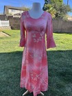 Vtg 70   s Sears Hawaiian Fashions Dress Pink Coral Bell Sleeves Floral Maxi S m