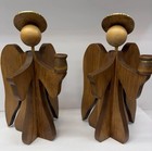 Pair Of Vintage Handcrafted Wooden Angel Candle Holders 13    Mid-century Modern