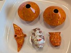 5 Vintage Ceramic Macrame Beads Large Hole Orange White Owls  Bird