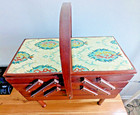 Vintage Accordion Style Wooden 3-tier Lg  Sewing Box On Legs With Tapestry Top