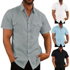 Mens Short Sleeve Shirts Casual Turn-down Collar Button Work Shirt With Pockets