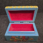 Vintage Lacquered Wood Trinket Box Blue Hand Painted Floral Jewelry Case Velvet