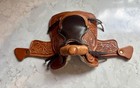 Miniature Western Horse Saddle Tooled Genuine Leather 10    Doll Decor W Pad