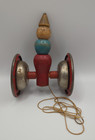 Antique Wooden Pull Toy Steel Wheels Ring When Pulled