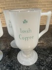 Vintage Federal Glass Footed Irish Coffeecups Milk Glass Gold Trim Shamrocks X4