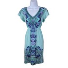 Vtg Y2k Dress Small Stretch Flare Romantic Beaded Collar Green Purple Geometric 