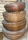 Vintage Antique  Hand Woven Wicker Sewing Basket Set Lot With Lid Nested