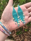 Handcrafted Beaded Fringe Dangle Earrings Flowers Turquoise Pearl Beads Pastels 