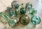 Vintage Japanese Glass Fishing Floats Set Of 11 5 Different Marks Rolling Pin