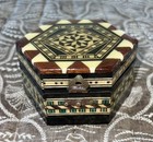 Vintage Hexagon Inlaid Wood Jewelry Trinket Box Velvet Lined Mosaic Design 4x2 5