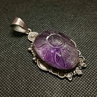 Antique Rare Natural Amethyst Carved Sunflower 925 Silver Large Pendant 5    Vtg