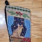 Vintage Kitty Cat Needlepoint Christmas Stocking With Green Velvet Backing