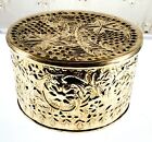 Vintage Brass Lidded Round Trinket Container 5 1 8  Embossed Floral