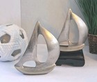 Set Of 2 Vintage Aluminum Cast Metal Silver Sailboat Pair  Modernist Sculptures 