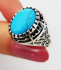 Men   s 925 Sterling Silver Ring Oval Blue Turquoise Feroza Stone Islamic Calligra
