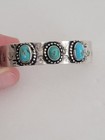 Vtg Old Pawn Navajo Sterling Silver Turquoise Bracelet Cuff Etched Leaves Floral