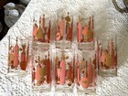 Rare Vintage Mcm Set 8 Pink   Gold Tumblers In Metal Caddy Barware Highball