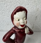 Vintage 1950   s Ceramic Pixie Elf Gnome Figurine Maroon Suit Standing On Clover