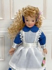 Dollhouse Miniature Porcelain Doll 4 5  Blond Curls Blue Dress Poseable 1 12