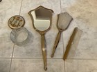 Ornate Floral Brass Vanity 4 Piece Set  Hand Mirror hair Brush comb jar  vintage