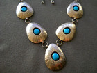 Native American Navajo Turquoise Sterling Silver Etched Shadowbox Chain Necklace