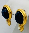Vintage 1990s Gold Tone Blue Cabochon Faux Pearl Pierced Earrings