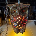 Vintage 70   s Ceramic Owl Swag Lamp Hanging Light Glowing Eyes Double Sided
