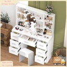 White Vanity Jewelry Makeup Dressing Table Set W stool 7 Drawer Mirror Wood Desk