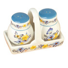 Beautiful Blue Butterfly Floral Salt And Pepper Shaker Set  Ceramic  3 Piece Set