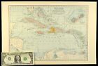 Antique West Indies Map Caribbean Large Cuba Puerto Rico Jamaica Vintage