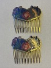 Pair 2 Vtg Cloisonne Enamel Butterfly Hair Combs Brass Blue Red Purple Pink