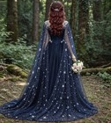 Elegant Navy Blue Prom Dresses V-neck With Capes Lace Appliques Evening Gowns