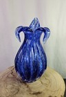 Vintage Glass Cobalt Blue White Lilly Shaped Flower Vase Heavy 9  Tall Euc