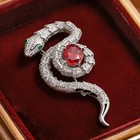 Vintage Snake Brooch Silver   tone Zircon Crystal Red Gem Animal Lapel Pin Jewelry