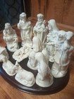 Nativity Set Holiday Style Wooden Base White Porcelain With Gold Color Accents