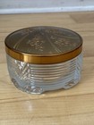 Vintage Art Deco Era Powder Jar Footed Heavy Glass Metal Lid Vanity Tarnish Euc