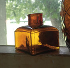 1880s Unusual Square Amber American Ink Bottle Faded Label -graph Writing Fluid