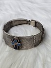 Vintage Egyptian 900 Silver Ankh Scarab Hinged Cuff Bracelet