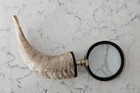 Vintage Hand Held Magnifying Glass With Horn Style Handle   Brass Rim