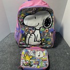 Peanuts Snoopy Backpack Lunch Box Set Girls Pink Purple Woodstock Glitter School