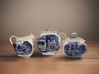 Liberty Blue Teapot Minutemen Creamer   Sugar Bowl Paul Revere   Betsy Ross Euc