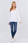 Womens Scoop Neck Cotton Long Sleeve Top T-shirt Plain Stretch Fitted Layering