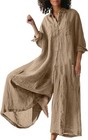 Summer Women Linen Button Down Long Sleeve Wide Leg Jumpsuit Beach Palazzo Pants