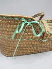 Vtg Farmhouse  Woven Moses Basket Baby Bassinet  Straw Green Ribbon Handle