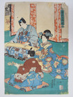 Toyokuni Woodblock Print Triptych  Spring Night Play  Edo Period Ukiyo-e