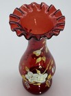 Vintage Antique Bohemian Cranberry Glass Vase W  Painted Flowers Decoration