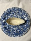 Roseville Ohio Henn Pottery Blue Spongeware 11    Round Platter   1 Cup Gravy Boat