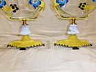 Antique Vintage Art Deco Fish Bowls   Holders Pair Cast Iron Houze Glass Brass